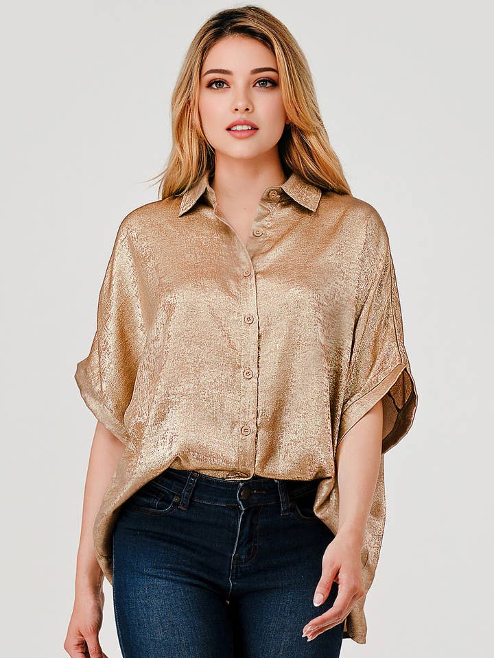 MBT 9922 Sonya Shimmer Metallic Foil Button Down Top Gold for wholesale by Pixi + Ivy