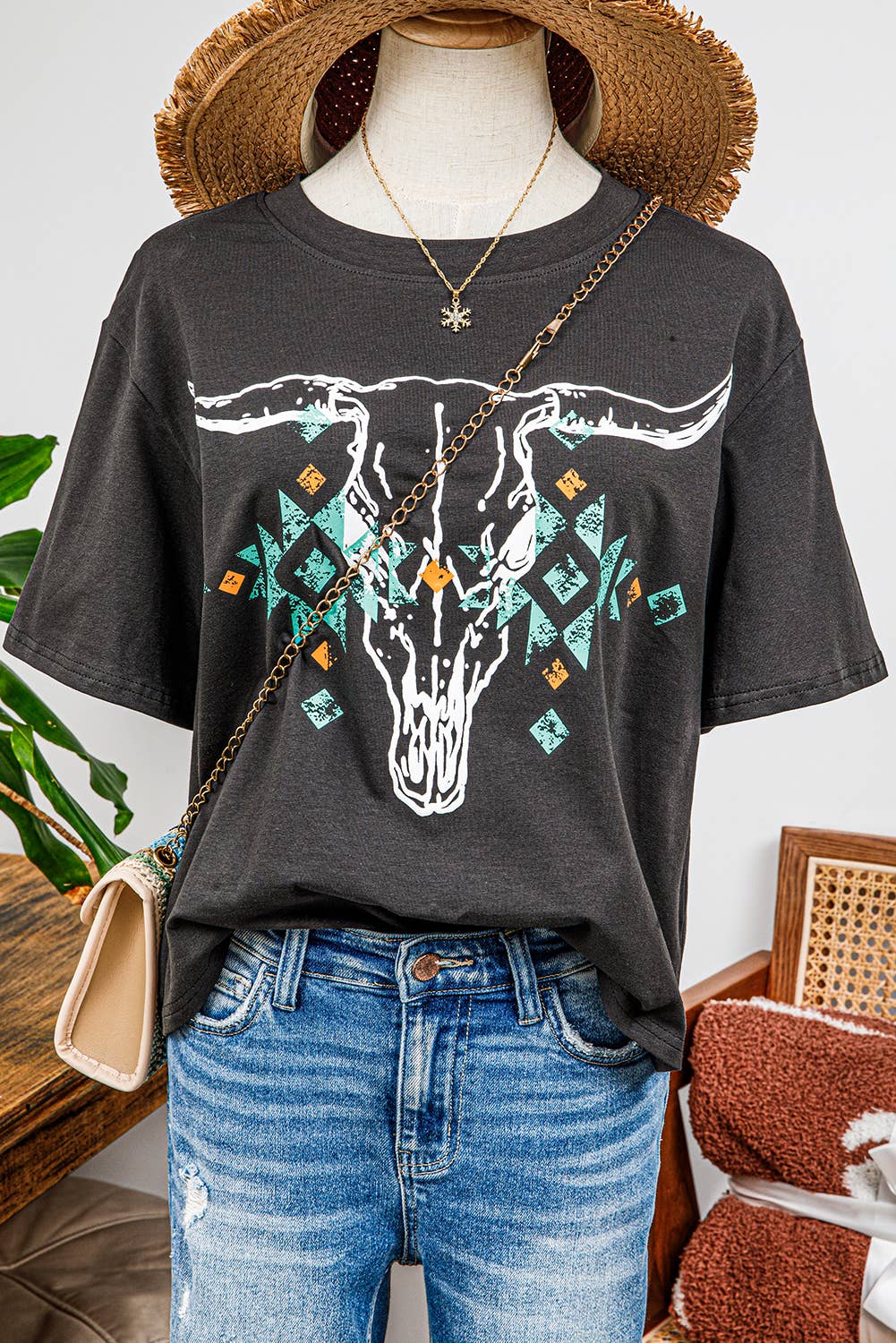 As shown Vintage Western Bull Head Skull Turquoise Graphic T Shirt for wholesale on Faire2