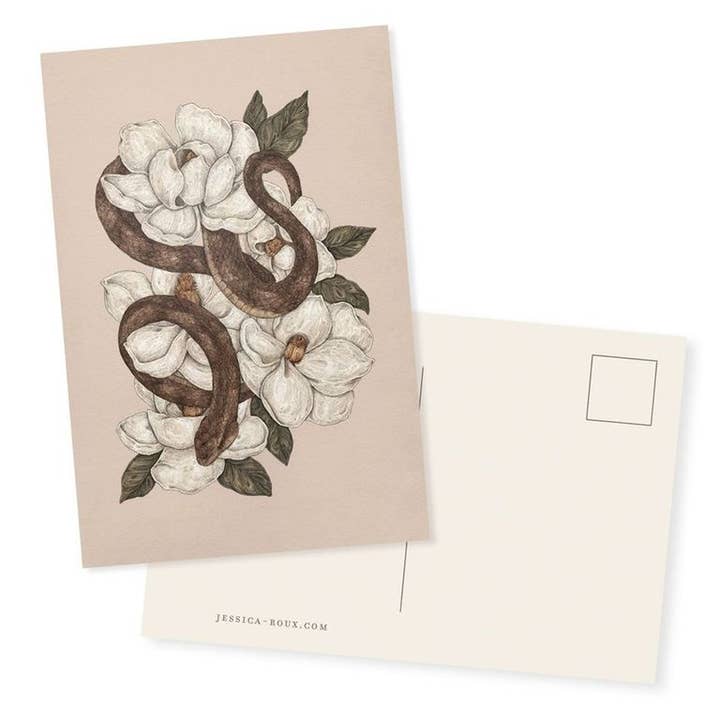 4” x 6” Snake and Magnolias Postcard for wholesale by Jessica Roux Illustration