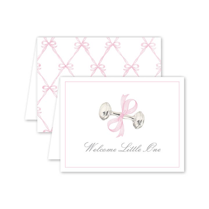 Dogwood Hill - Wholesale Baby Card - Rattle and Bow Pink0