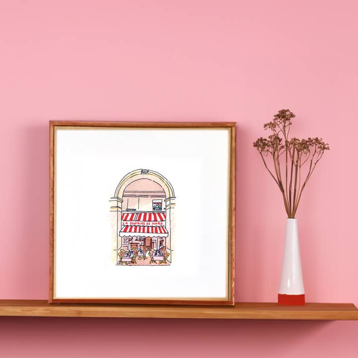 Akvarel: La Fontaine de Mars, Paris, FR (15x15 cm) for engroshandel hos Atelier Nunila