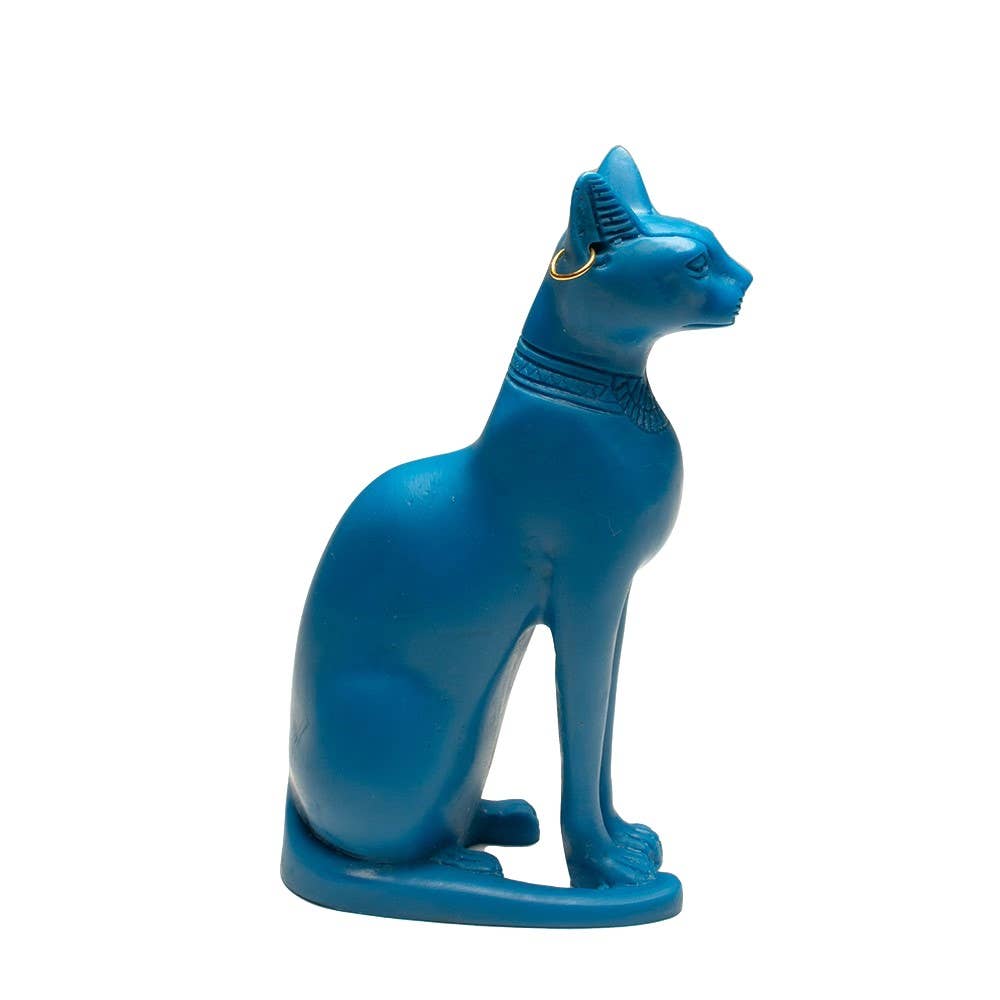 Discoveries, Inc. - Wholesale Decorative Figurine - Bastet Cat Statue Blue with Earring - 5.5" -Egyptian Goddess6