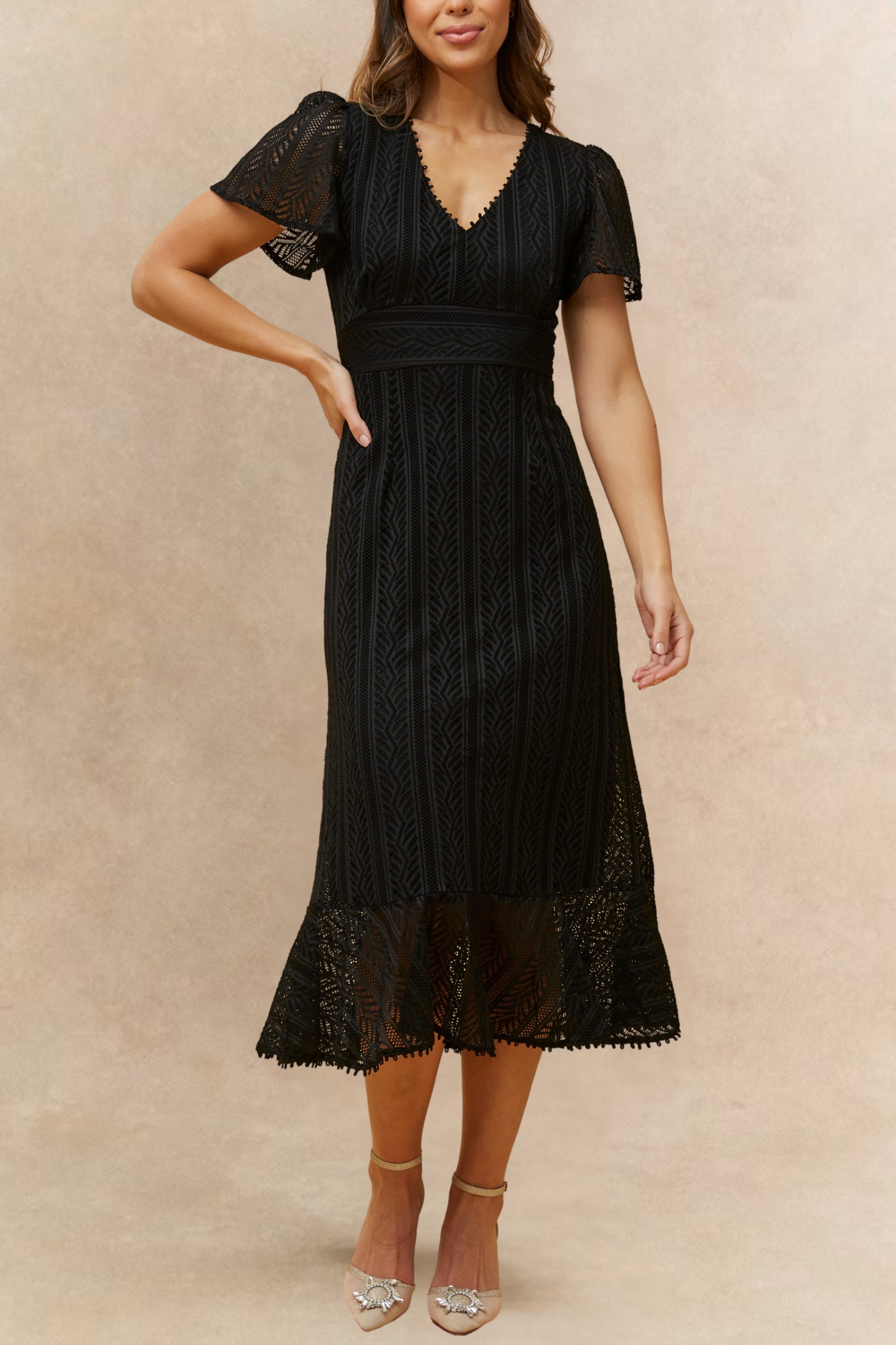 Black Bonnie Crochet Knit Midi Dress Lining Short Sleeves for wholesale on Faire4