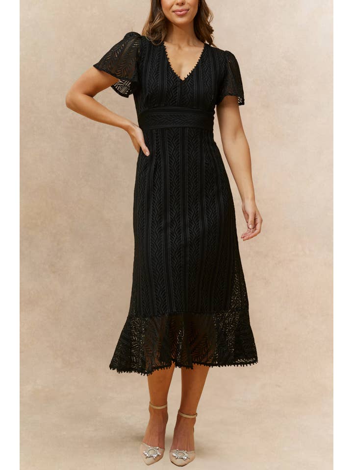 Black Bonnie Crochet Knit Midi Dress Lining Short Sleeves for wholesale on Faire4
