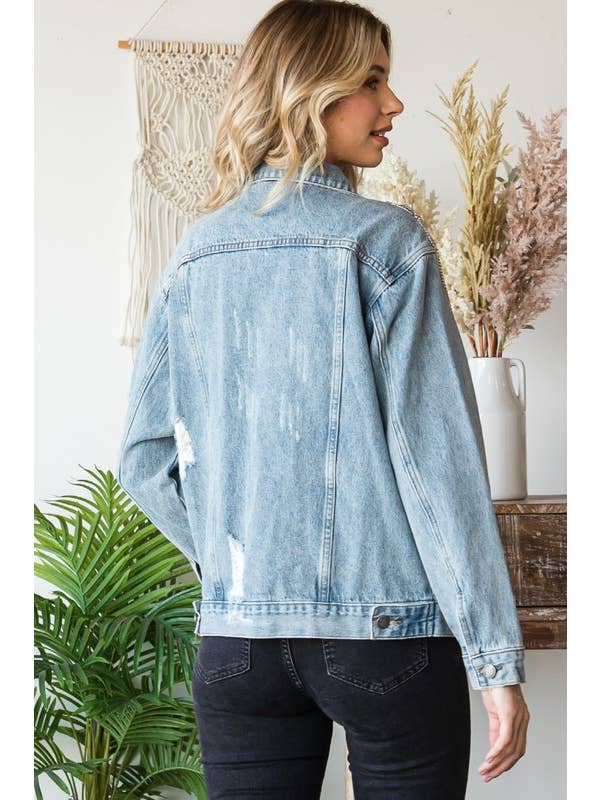 MEDIUM WASH Embellished Sequin Denim Jacket for wholesale on Faire4
