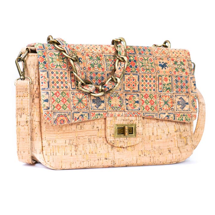 Meninas Bonitas Cork - Wholesale Shoulder Bag - Women's - Women's Cork Shoulder Bag with Chain Accent and Button Closure BAGD-560