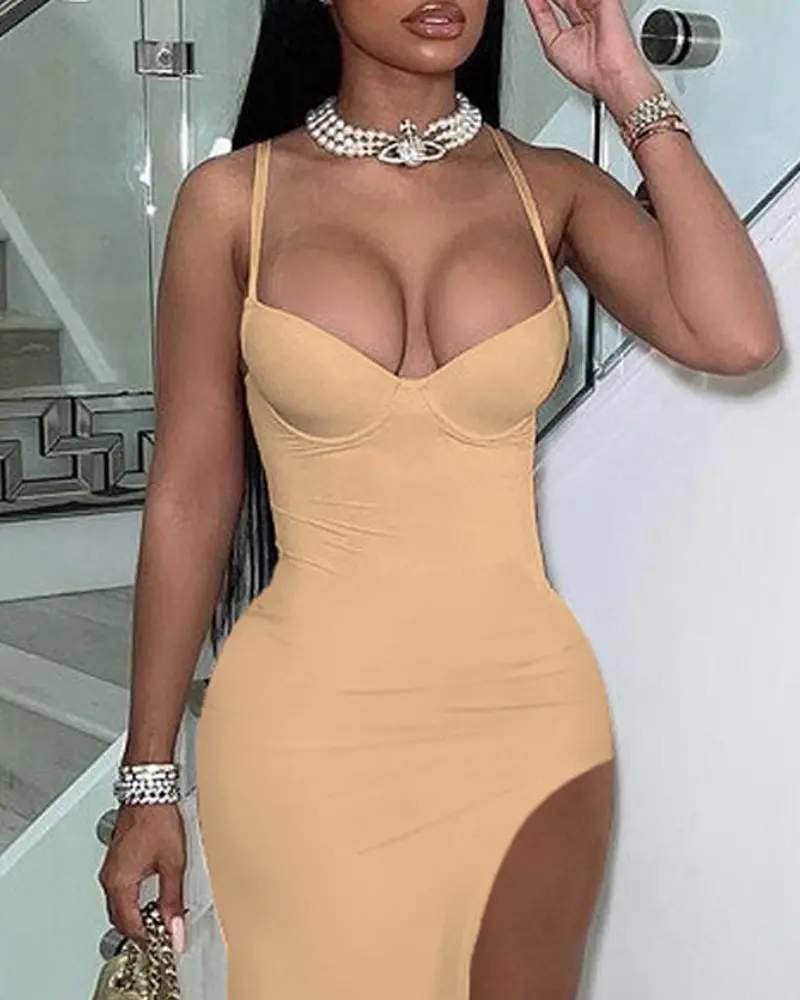 Fashion Combination – Vestido - Mulher por atacado – Vestido de fenda alta com alça espaguete5