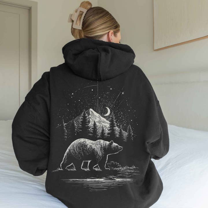 Celestial Woodland Bear Hoodie | Graphic Nature Hoodie for wholesale by Sisterly Gifts Shop