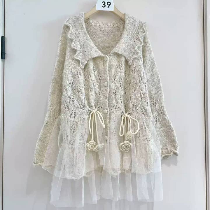 Sweet Crochet Lace Cream Knit Cardigan for wholesale by PEACH ACCESSORIES