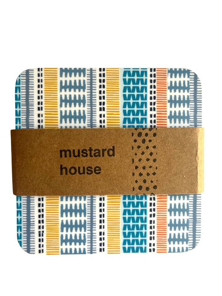 Set of 4 printed coasters-Tavira Weave print for wholesale by mustard house