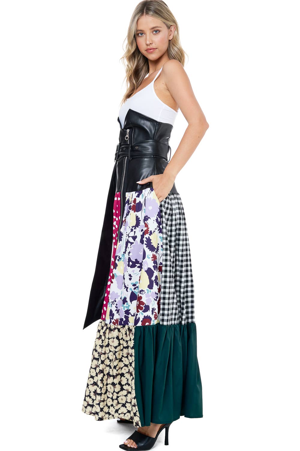 TOV - Wholesale Skirt - Women's - [SK4122-1] High Waist Vegan Leather Patch Printed Maxi Skirt1