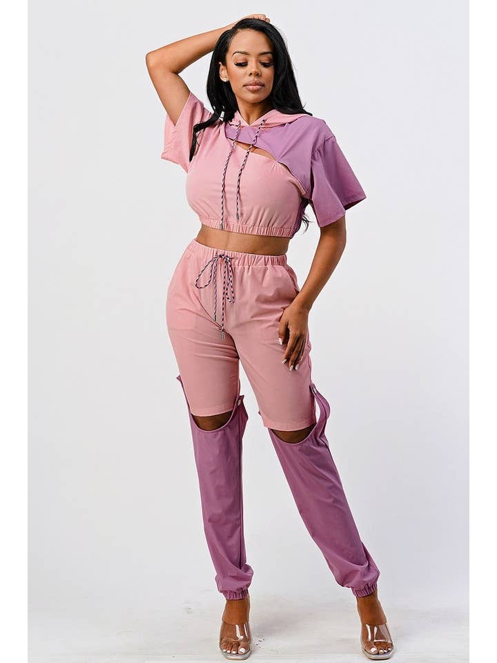 CC Wholesale Clothing - Wholesale Top & Pant Set (NOT Loungewear) - Women's - Pants Set In Color Block With Hoodie And Detachable Bottom