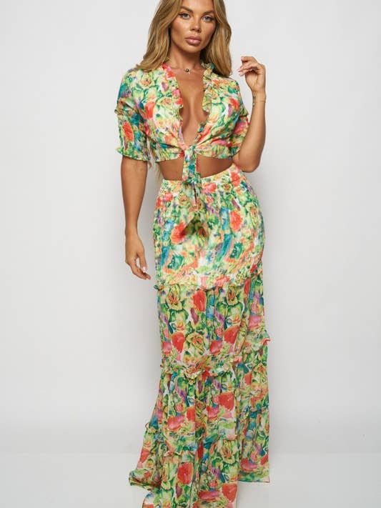 FLORAL PRINT TOP AND SKIRT SET HOEA683 for wholesale by House of E ATL LLC