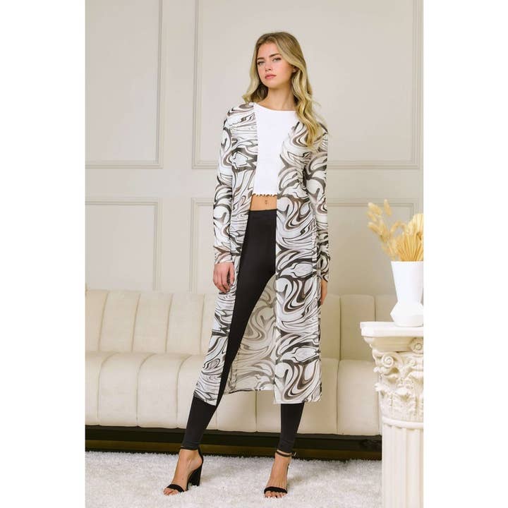 Printed Mesh Long Duster Cardigan for wholesale by Popular 21
