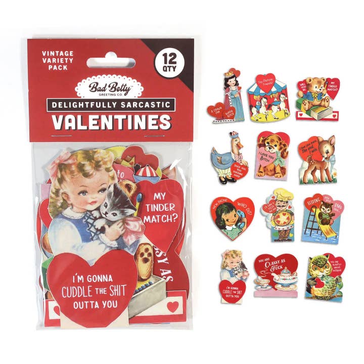 Set of 12 Funny Vintage Valentine's Day Cards for wholesale by Bad Betty Greeting Co.