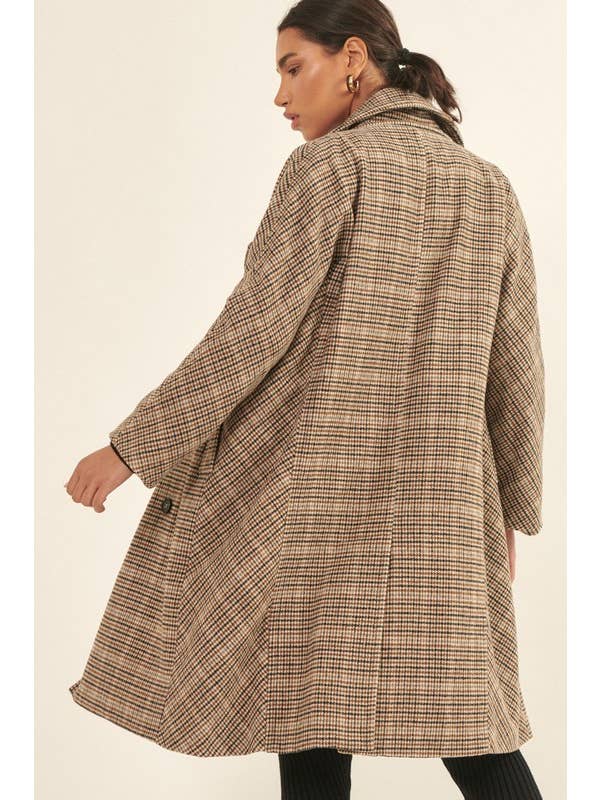 BROWN Houndstooth Double Breasted Long Sleeve Woven Coat for wholesale on Faire5