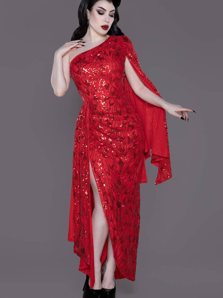 Phoenix Kaskade Én-Skulder Kjole - Rød Chiffon Pailletkjole med Kaskadeærme (Genfødsel Udgave) for engroshandel hos Weasel Wear