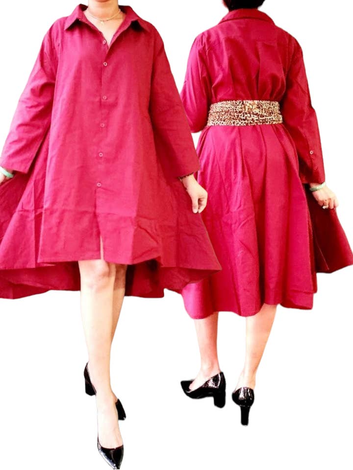 India Batik – Großhandel Kleid – Damen – #7042 Button-Down-Hemd/Kleid für Damen - Burgunderrot0