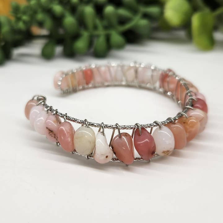 Meraki Gemstones - Wholesale Cuff Bracelet - Pink Opal Bangle/Cuff/Wire Wrapped-18kt. Gold Overlay5