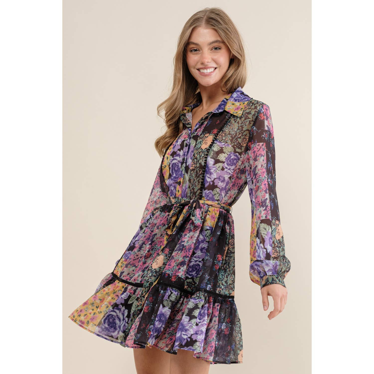 Sweet Generis – wholesale Dress – Women's – FLOWER PRINT LONG SLEEVE SHIRT DRESS11