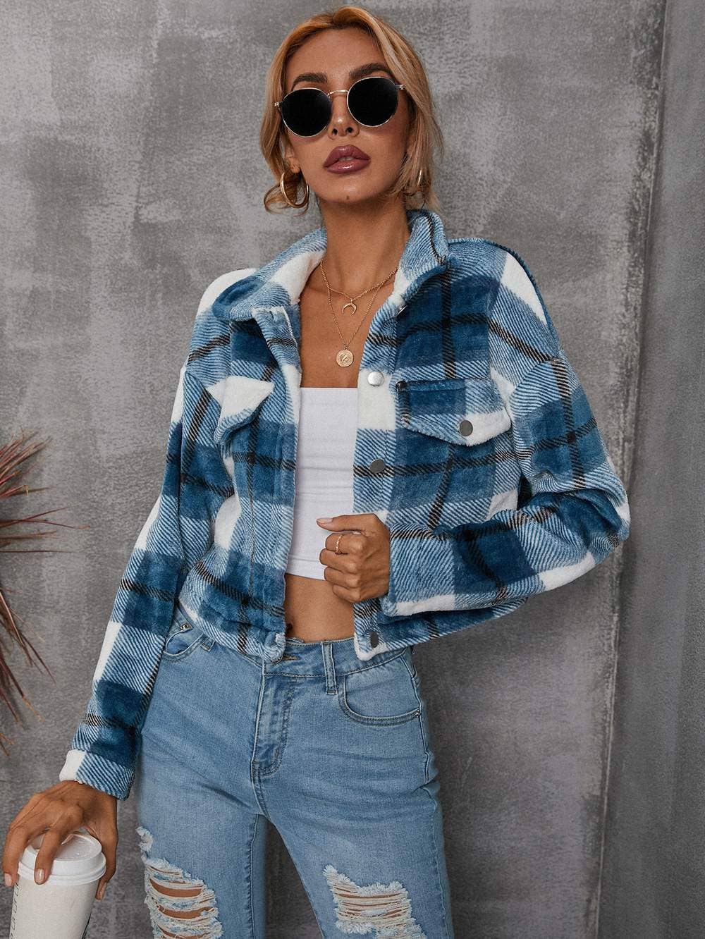Queen Fashion - Wholesale Jacket - Women's - flap detail drop shoulder buffalo plaid jacket1