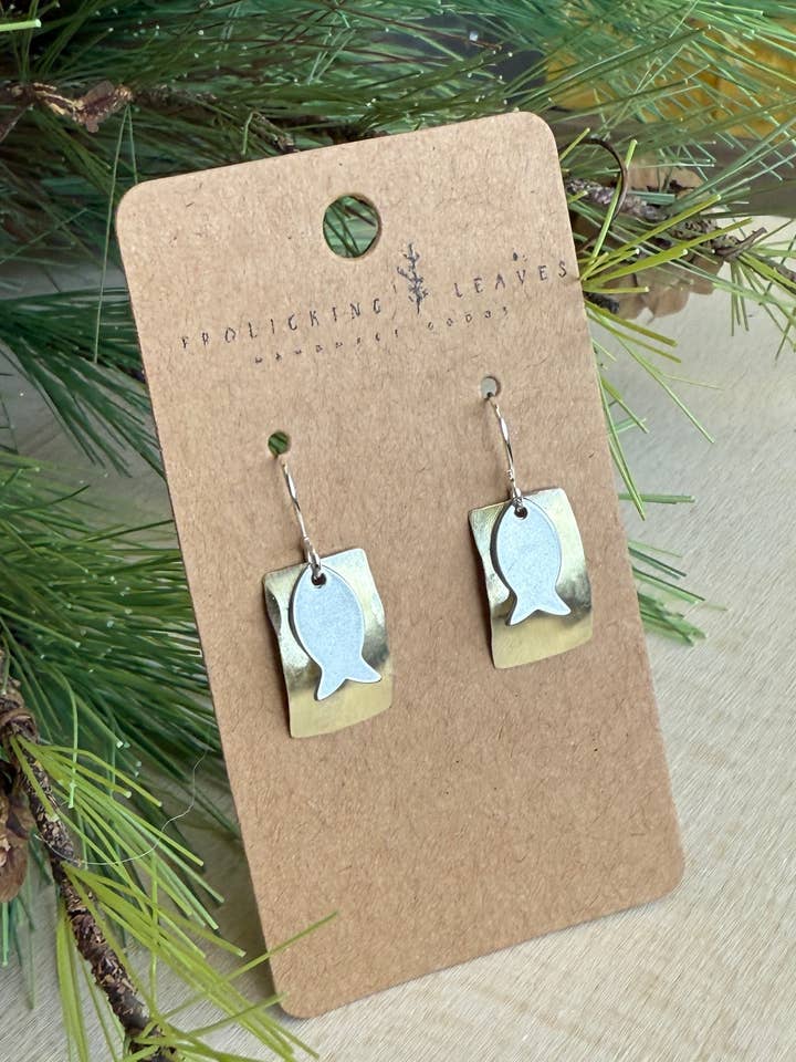 Brass Domed Earrings with Fish for wholesale by Frolicking Leaves