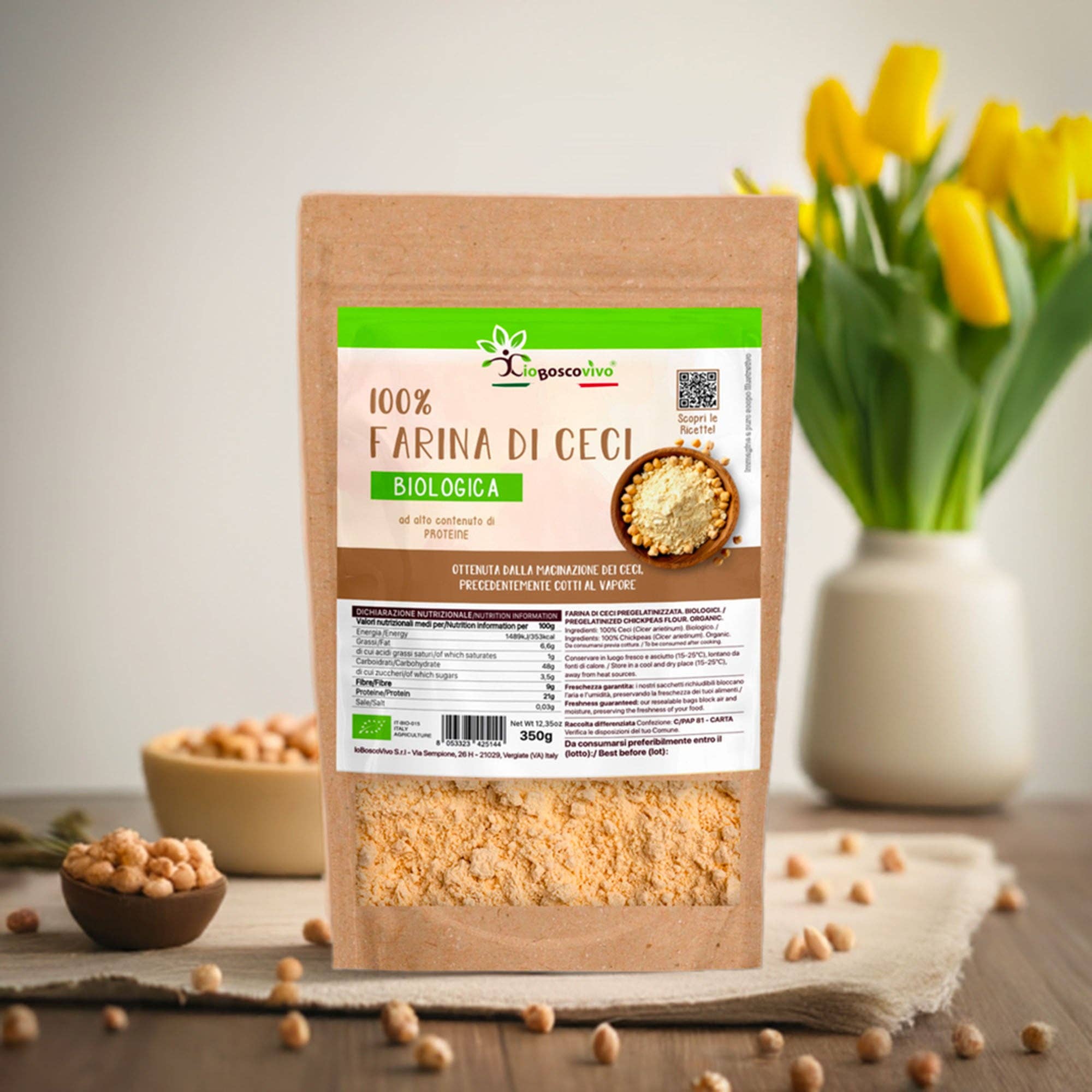 IoBoscoVivo - Wholesale Glutenvrij meel - 100% biologische voorgegelatineerde kikkererwtenmeel - 350 g - gemakkelijk te bereiden2