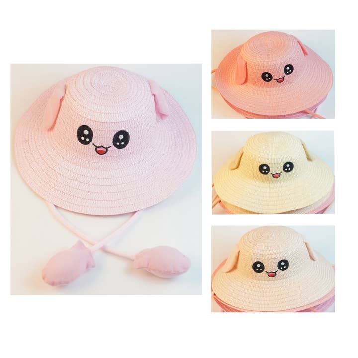 ASSORTED KIDS CARTOON FACE MOVING EAR STRAW BUCKET HAT 4201-9 (12PC) for wholesale on Faire