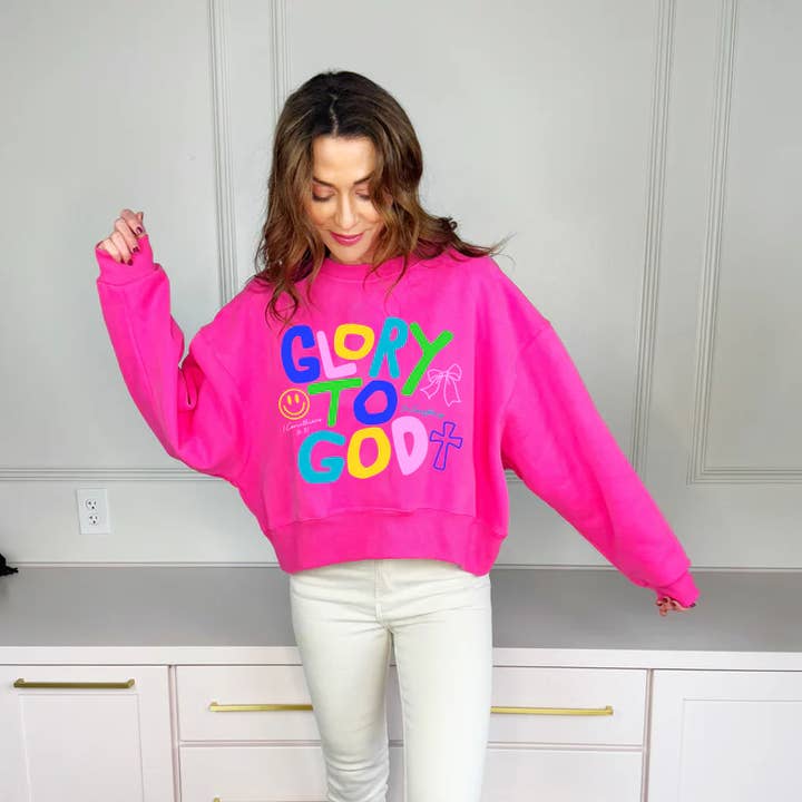 Ehre sei Gott Pinkes Crop-Sweatshirt für den Großhandel von Poppy & Pine