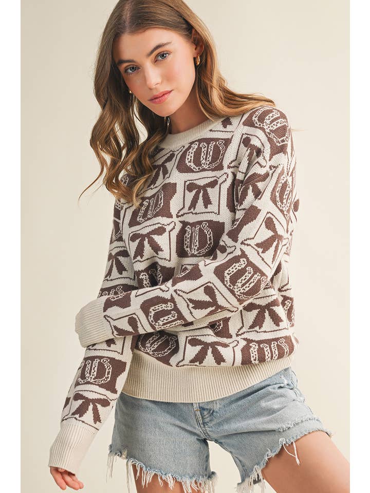 Aapparella - Wholesale Knit Sweater - Women's - Bows & Horseshoes Fashion Western Pattern Sweater | S-4X