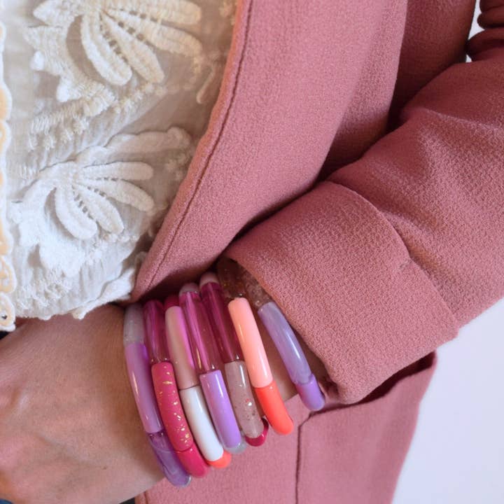 Manacreations – wholesale Beaded bracelet – Elastic bangle bracelets in pink and mauve tones