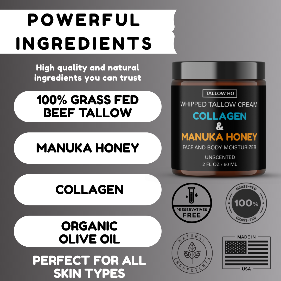 TALLOW HQ - Wholesale Body Cream/Lotion - Tallow Cream with Collagen and Manuka Honey, Face & Body-2oz3