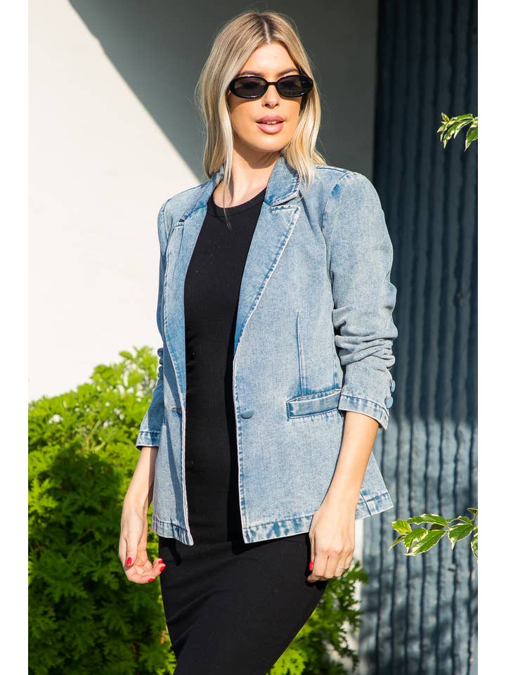 Light Wash Washed Denim Blazer W/ Welt Pockets for wholesale on Faire