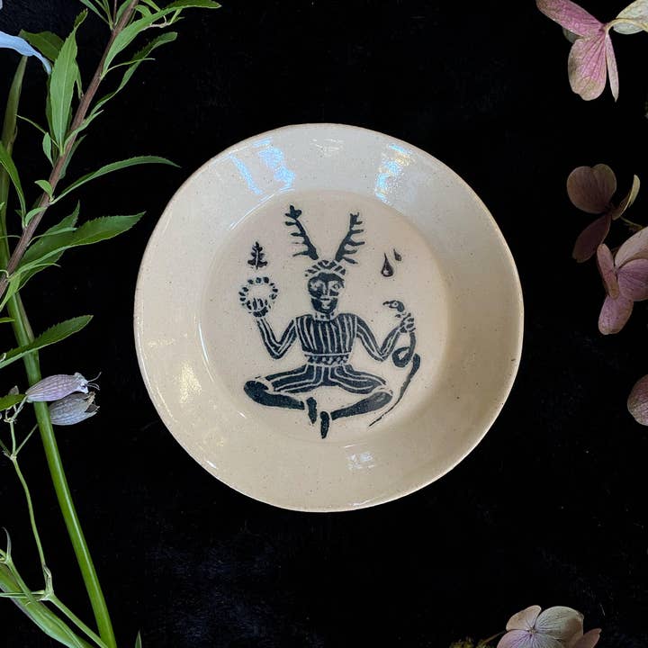 Keven Craft Rituals LLC - Wholesale Decorative Plate/Dish/Bowl - Green Sgraffito Cernnunos Ceramic Offering Plates0