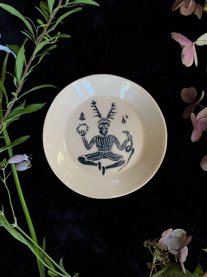 Green Sgraffito Cernnunos Ceramic Offering Plates for wholesale by Keven Craft Rituals LLC