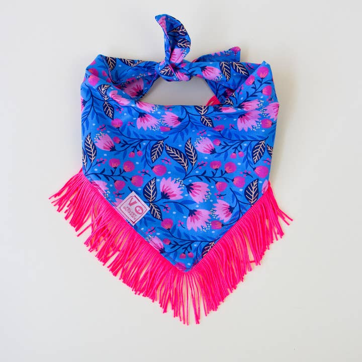 Velvet Outlaw - Wholesale Pet Bandana - Dog - Spring Floral with Hot Pink Fringe Dog Bandana