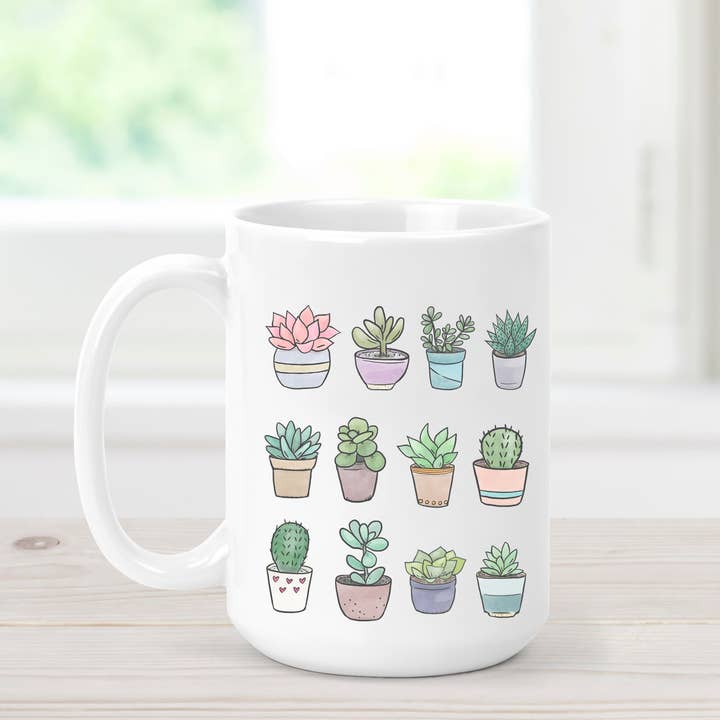 15 oz. Mug, Plant, Succulents, Cactus, Watercolor Coffee Cup for wholesale by Boho Sips