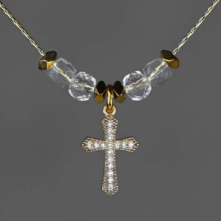 Small Pave Crystal Cross w/ Semi Precious Crystal Cube Beads for wholesale by KBD Studio