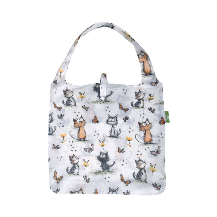 A111WT - Eco Chic Lightweight Foldable Reusable Shopping Bag Whimsy Cats White (Pack of 2) for wholesale by Eco Chic