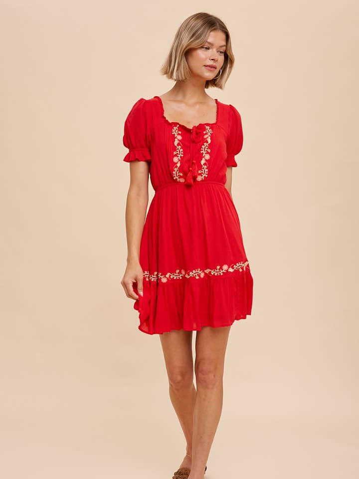 In Loom - Wholesale Dress - Women's - FLORAL EMBROIDERY PEASANT MINI DRESS