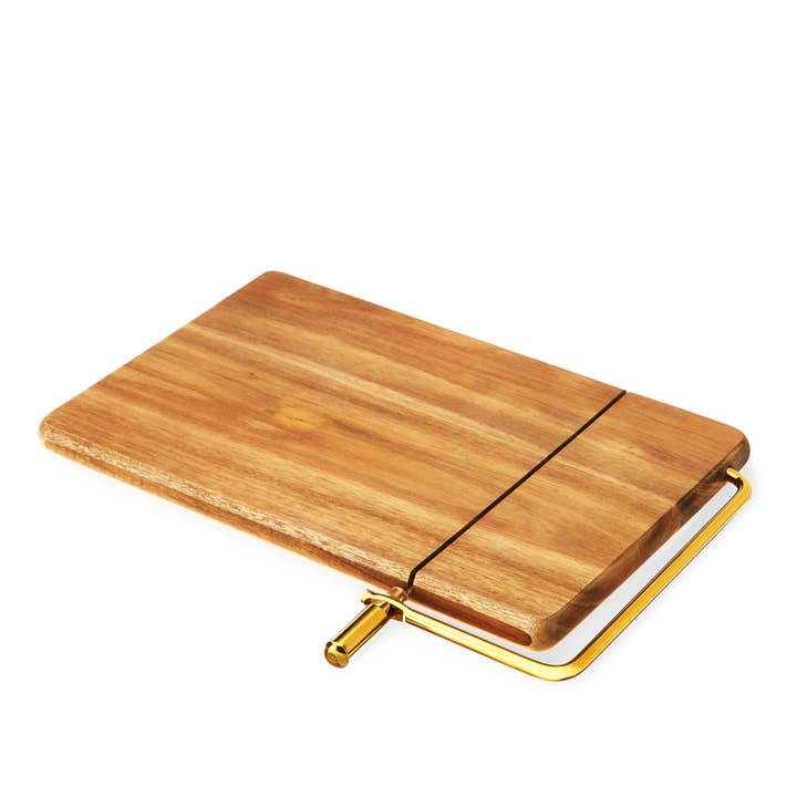 Twine - Wholesale Cheese Board - 10" Acacia Cheese Slicing Board w/ Gold-Handled Wire Slicer
