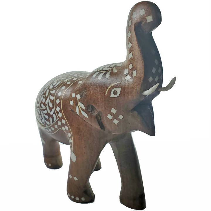 Estatua de elefante indio de madera tallada a mano con decoración incrustada para venta al por mayor de Wild Lotus