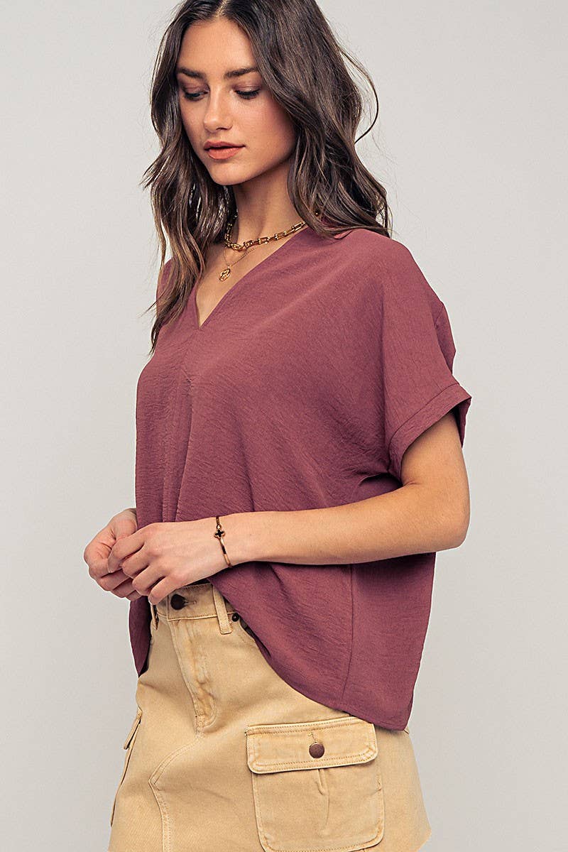 Urban Daizy - Wholesale Blouse - Women's - Relaxed V-Neck Top with Folded Sleeves24