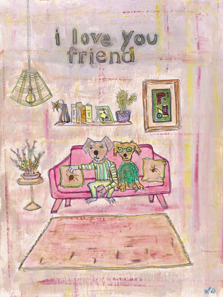 Love You Friend illustrated art print dogs on cozy couch for wholesale by Bernie Street Studios