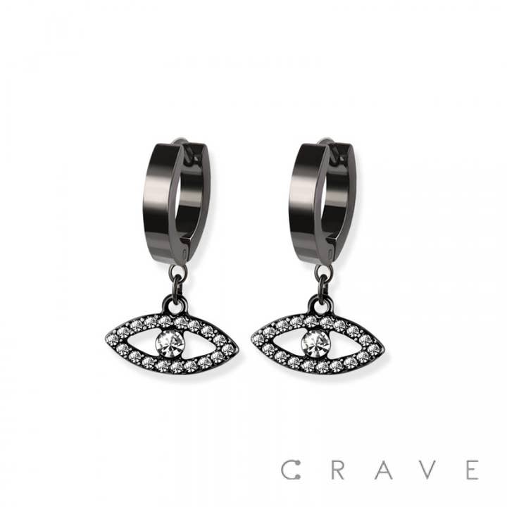 CRAVE BODY JEWELRY - Venta al por mayor Pendientes de aro pequeños - PAR DE PENDIENTES TIPO HUGGIE/ARO CON COLGANTE DE OJO MALIGNO PAVIMENTADO CON CIRCONITA CÚBICA