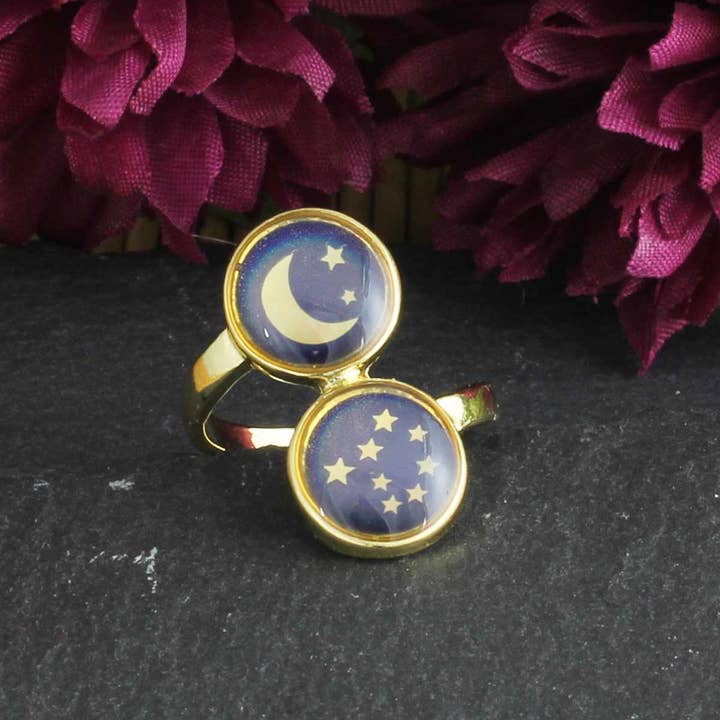 ZAD - Wholesale Cocktail/Statement Ring - Gold Moon & Stars Mood Ring
