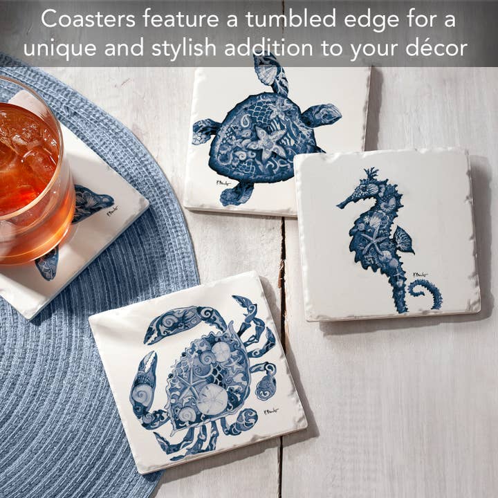 CounterArt/Highland Home/Thirstystone - Vente Sous-verre - Lot de 4 sous-verres à carreaux Nassau Sea Life avec images assorties4