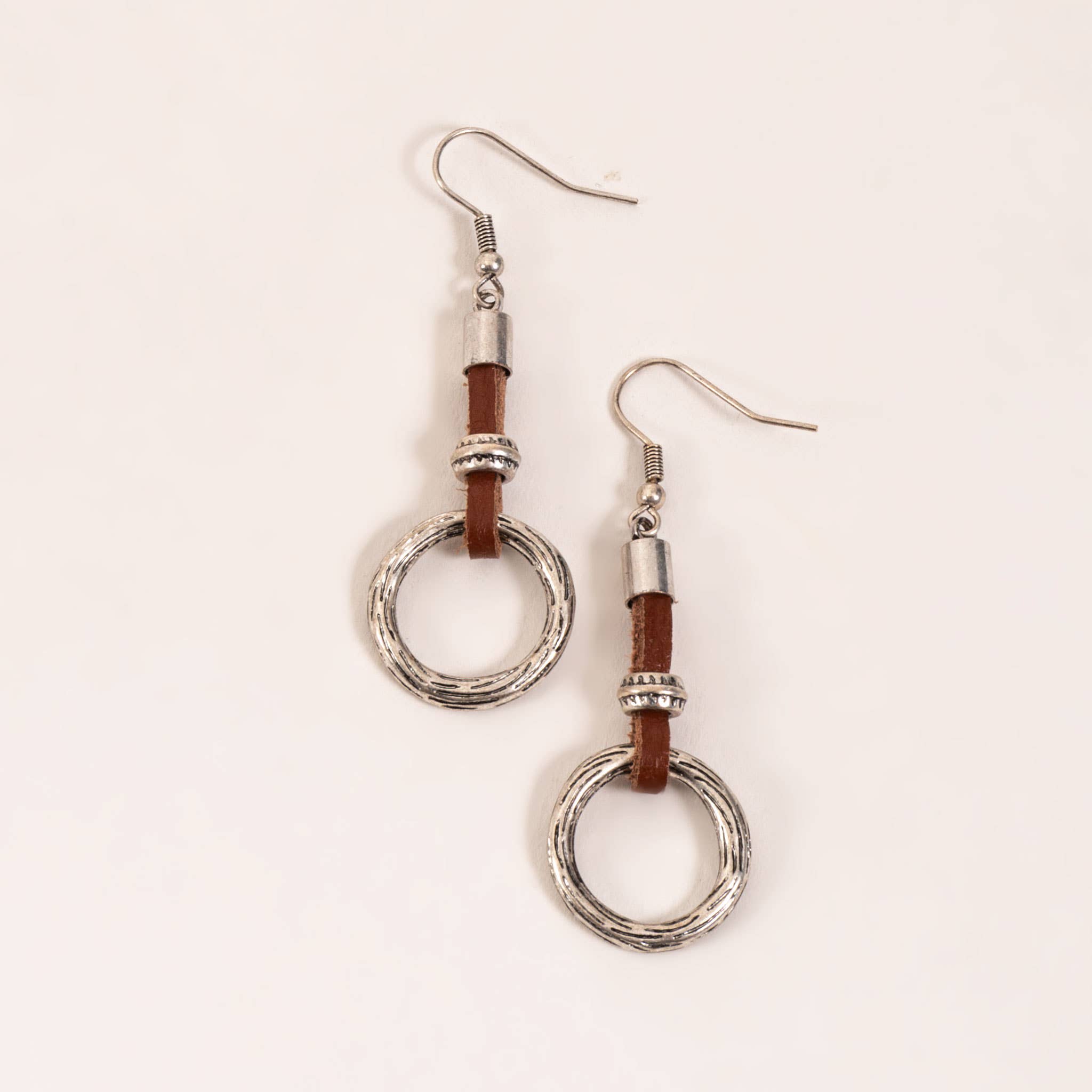 Howard's - Wholesale Hoop Earrings - Wild Spirit Western Leather Silver Ring Drop Earrings2