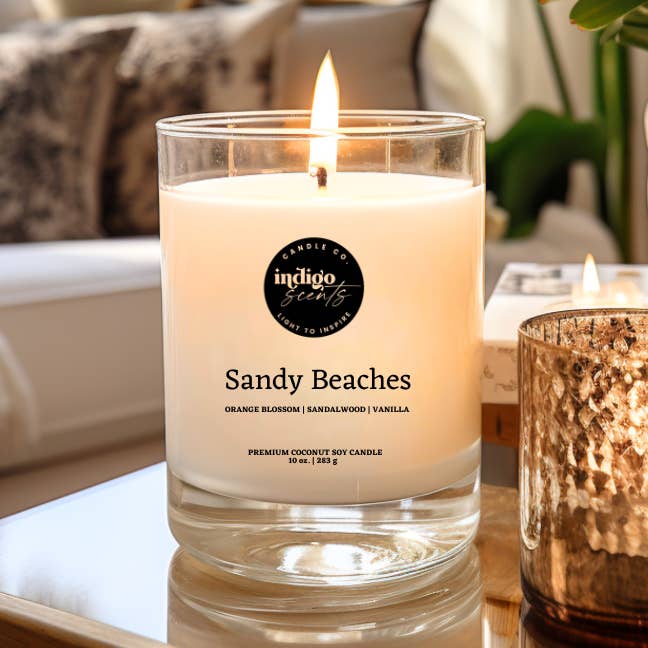 Playas de Arena | Tarro Transparente de 10 oz | Vela de Coco y Soja para venta al por mayor de Indigo Scents Candle Co.