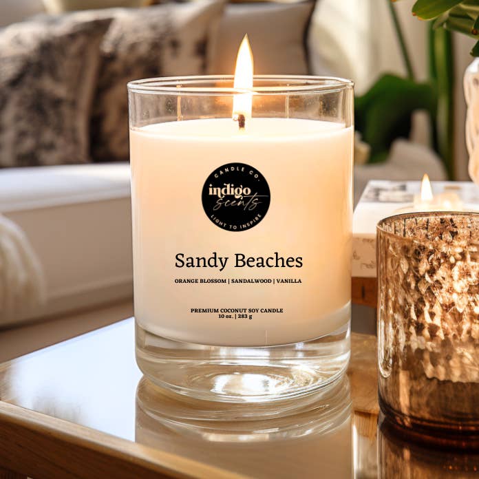 Playas de Arena | Tarro Transparente de 10 oz | Vela de Coco y Soja para venta al por mayor de Indigo Scents Candle Co.